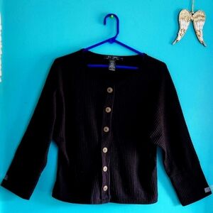 HS IDOL 1865 Black Long Sleeve Waffle Faux button down front Sweater